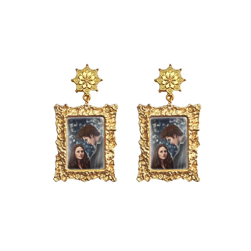 Twilight Movie Vintage Gold Framed Miniature Portrait Drop Earrings - Lovez Aqua© - bella swan, edward cullen, jacob black, robert pattinson