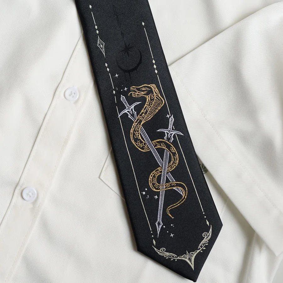 Japanese Anime Style Black & Gold Snake & Swords Mystical Fantasy Men's Necktie