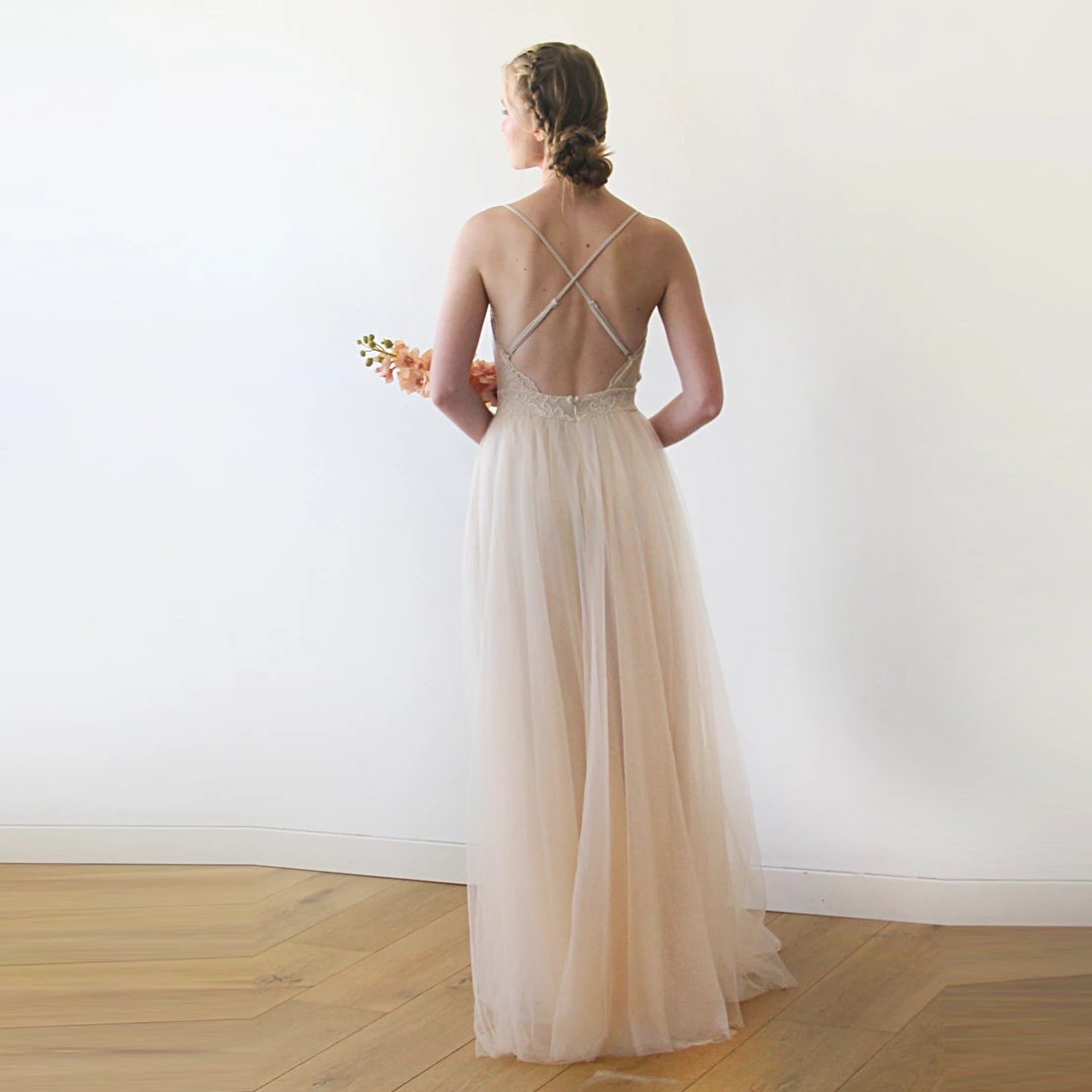 Champagne Lace Floor-Length Backless Wedding Dress with V-Neck & Spaghetti Strap