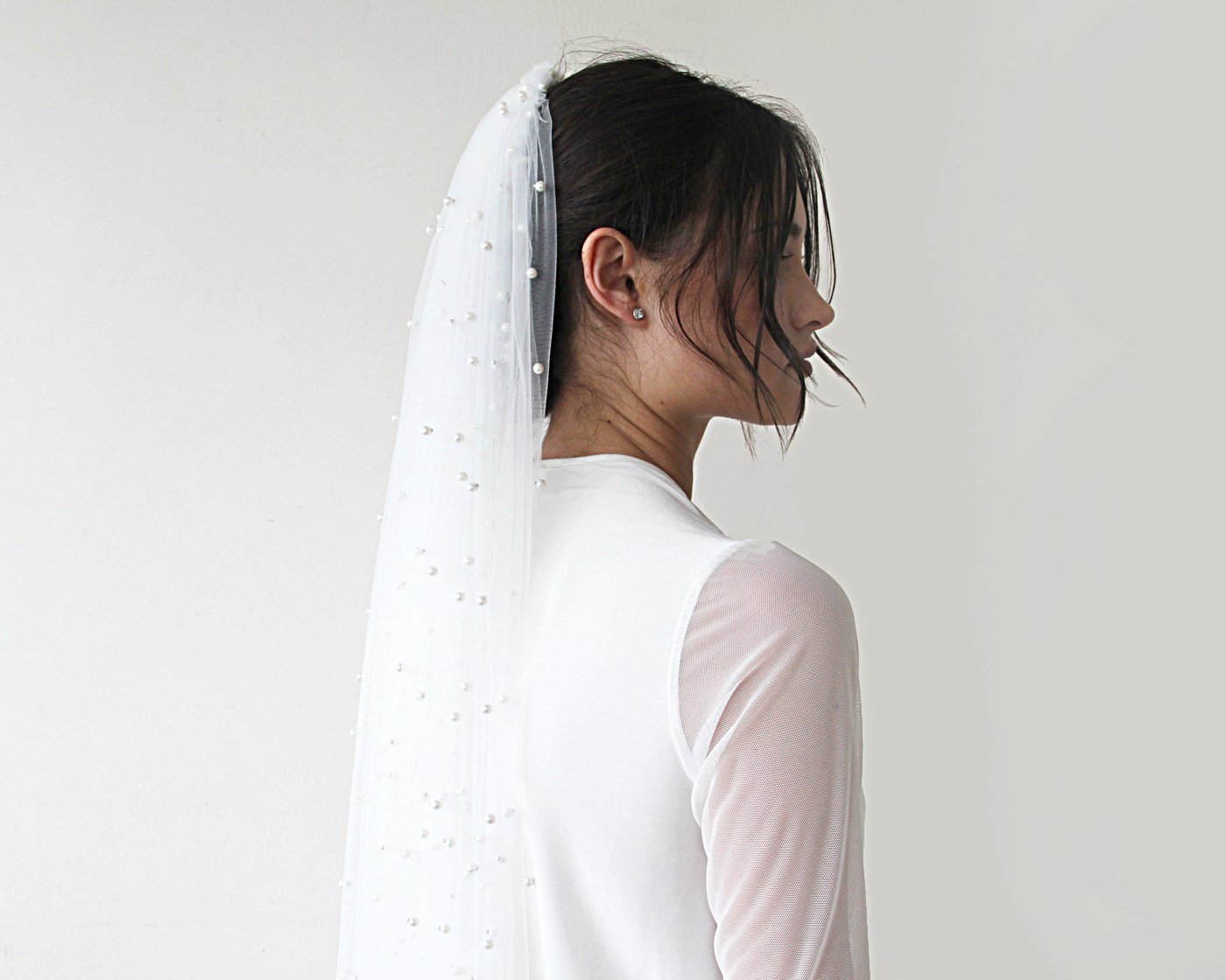 Ivory Fingertip Length Bridal Wedding Veil with Pearl Embellishments