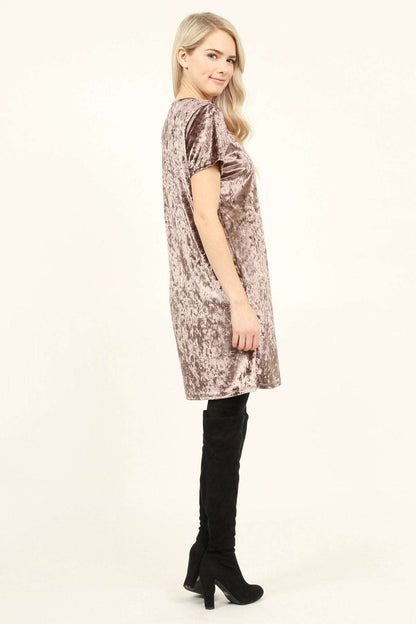 Women's Short Sleeve Relaxed Fit Crushed Velvet Tunic Dress