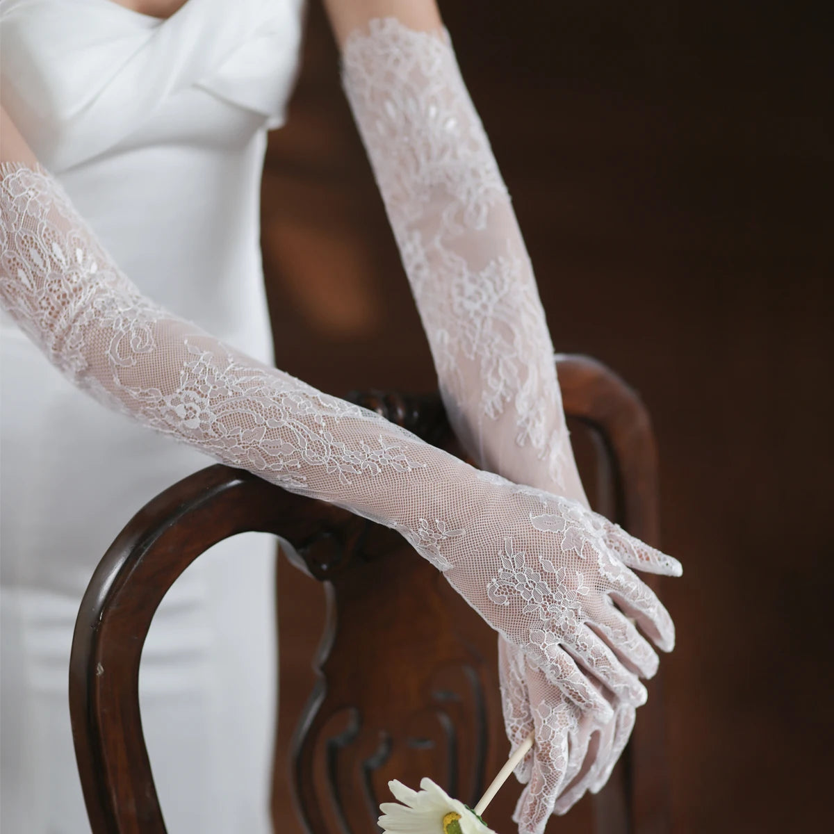 Women's White Long Eyelash Edge Appliquéd Lace Bridal Wedding Gloves