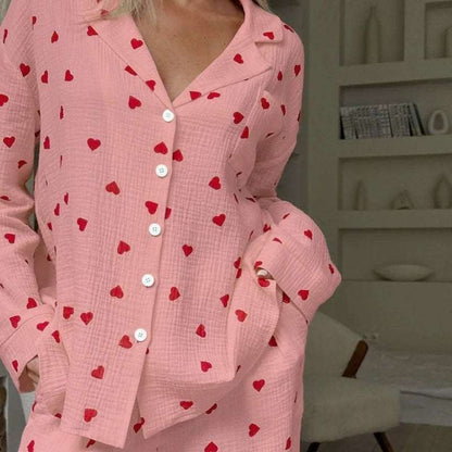 Women's Red Love Heart Printed Two-Piece Long Sleeve Pajama Set