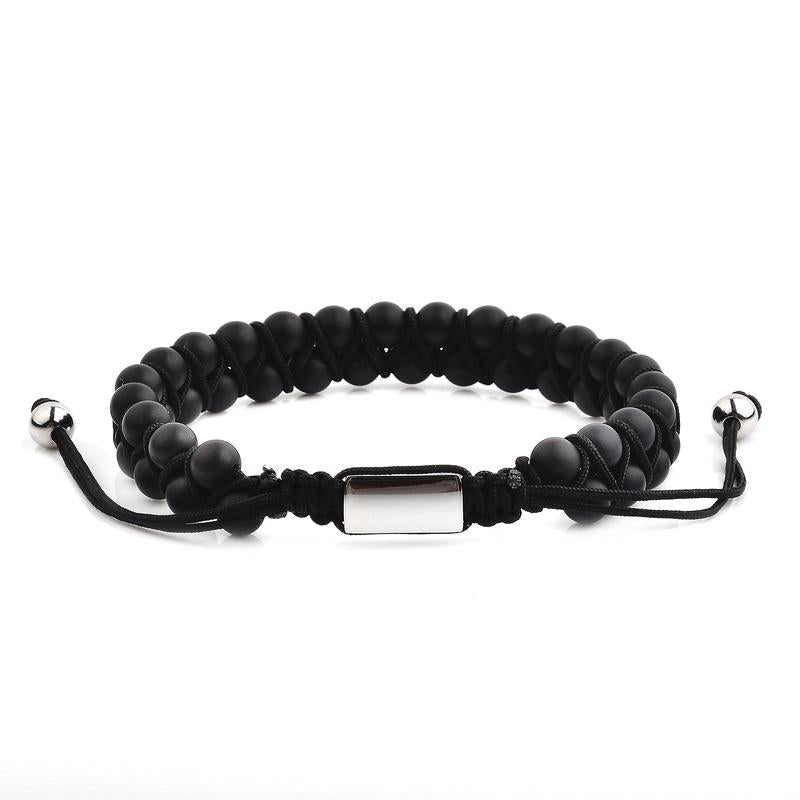 Men's Double Layered Matte Black Agate Stone Beaded Adjustable Bracelet - Lovez Aqua© - 