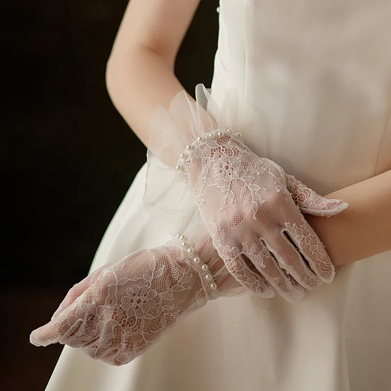 Exquisite White Lace & Faux Pearls Ruffle Edge Wrist Length Bridal Gloves