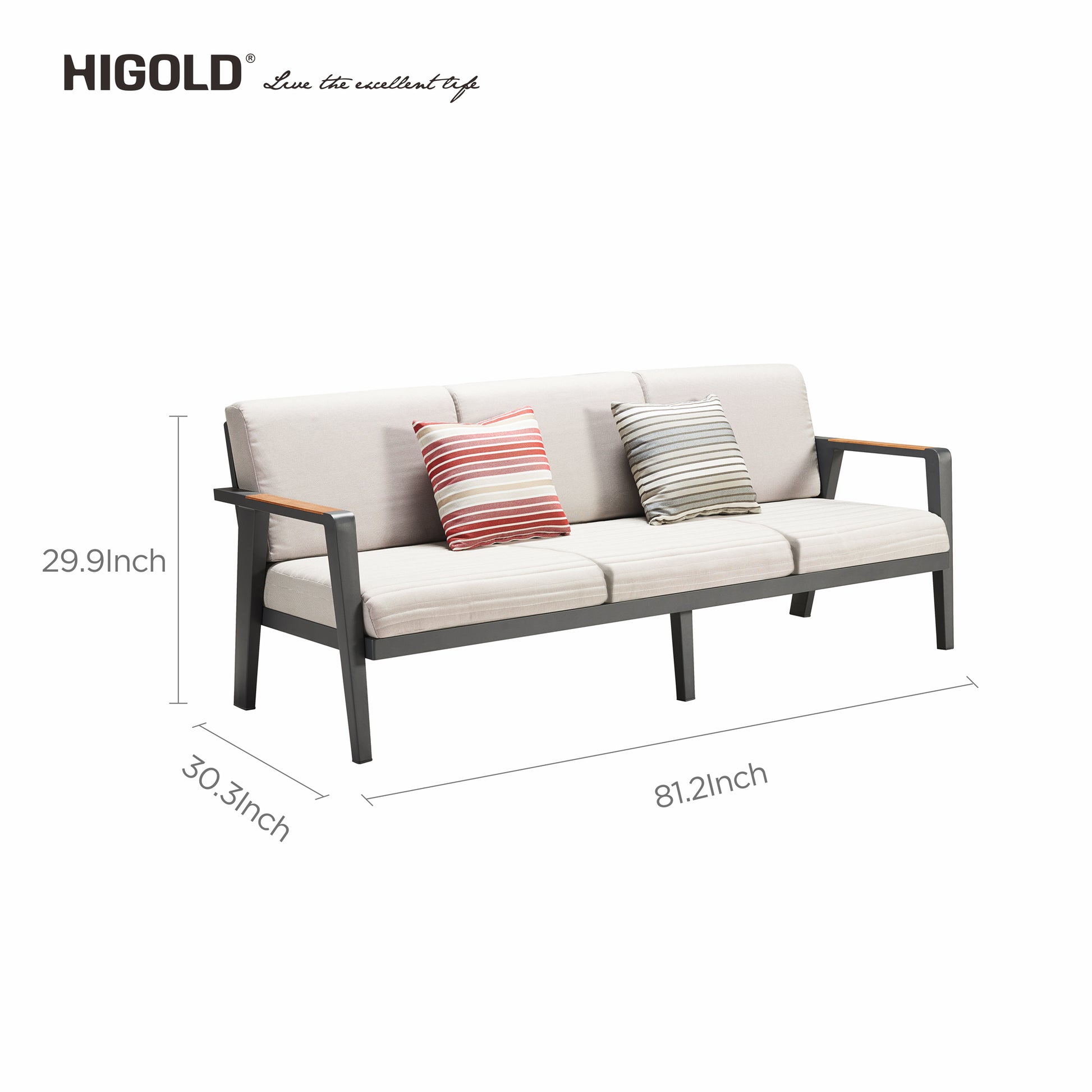 Outdoor Aluminum Teak Patio Beige Sofa 5 Seater with Wooden Coffee Table - HIGOLD - 