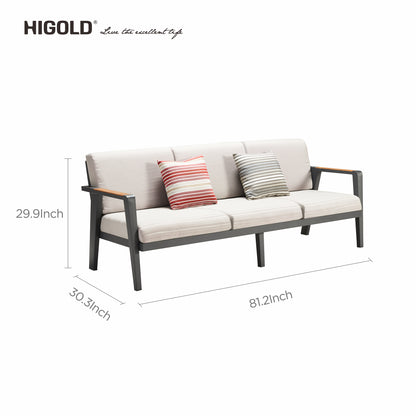 Outdoor Aluminum Teak Patio Beige Sofa 5 Seater with Wooden Coffee Table - HIGOLD - 