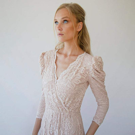 Blush Floral Lace Vintage Wrap Wedding Dress with 3/4 Puffed Sleeves & V-Neck