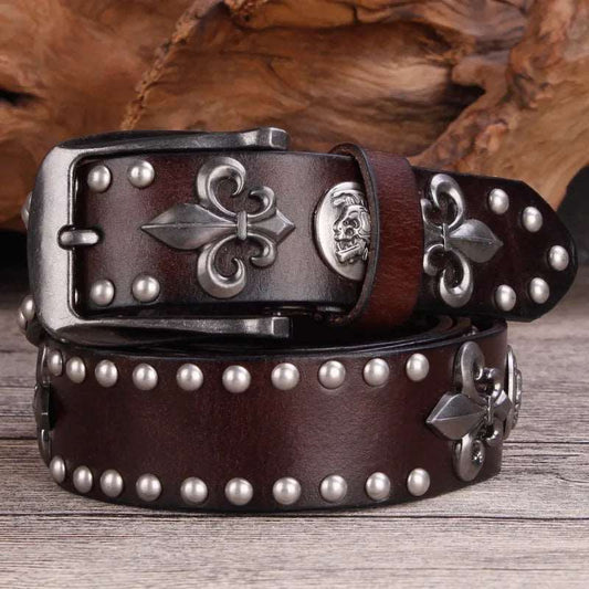 Men's Cowboy Style Rivet Genuine Leather Belt with Fleur de Lis Emblem - Lovez Aqua© - 