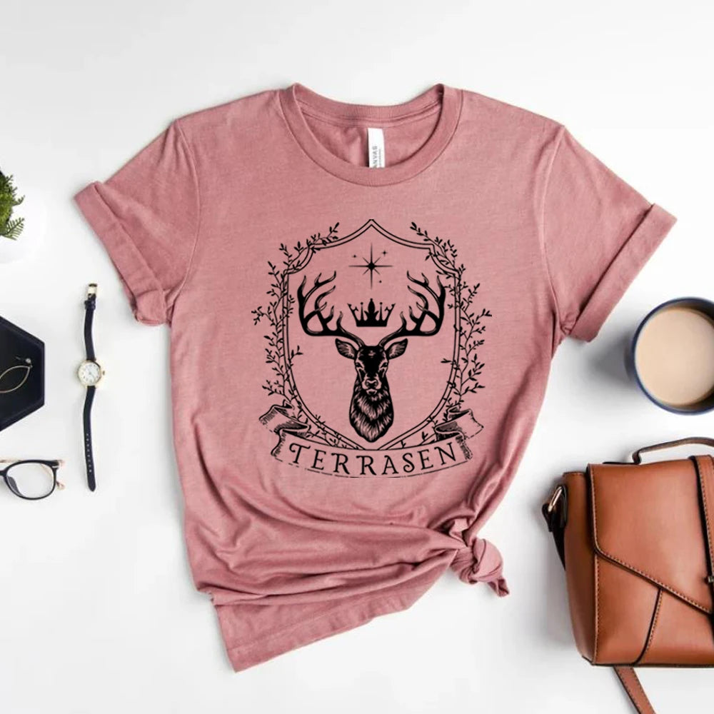 Terrasen The White Stag Throne of Glass Women's Graphic Print T-Shirt - Lovez Aqua© - 