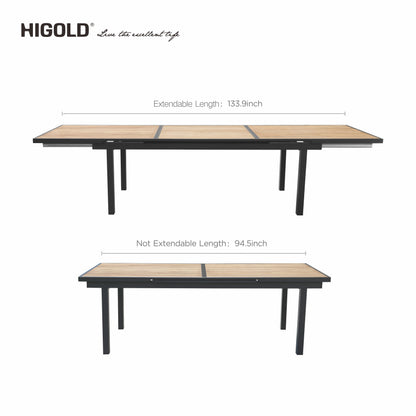 HIGOLD 12 Charcoal Black Chairs & Extendable Outdoor Wooden Dining Table Set