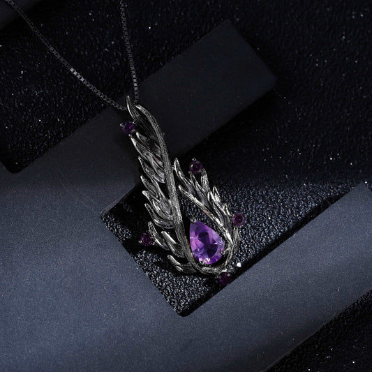 Black 925 Sterling Silver & Natural Amethyst Gemstone Angel Wings Necklace