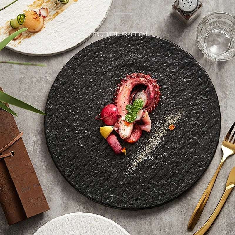 Luxury Japanese Style Round Polished Ceramic Flat Rock Textured Dinner Plate - 80d3e6-0e.myshopify.com - -  