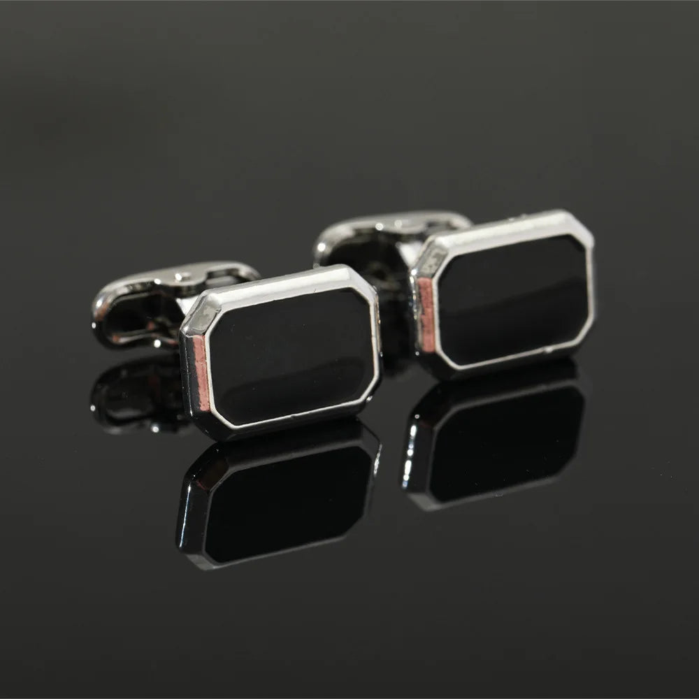 Men's French Style Angular Rectangle Formal Black & Silver Cufflinks - Lovez Aqua© - 