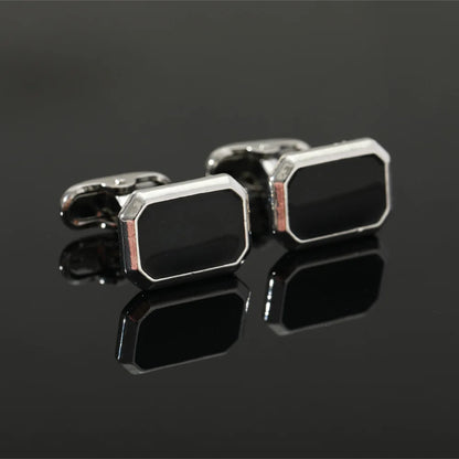 Men's French Style Angular Rectangle Formal Black & Silver Cufflinks - Lovez Aqua© - 