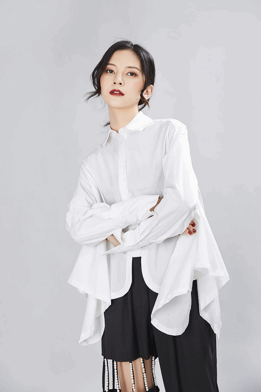 Women's Modern Layered Oversized Button-Down Shirt with Lapels & Irregular Hem