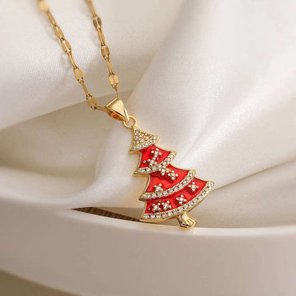 Elegant Red or Green Gold Plated Christmas Tree Festive Women's Necklace