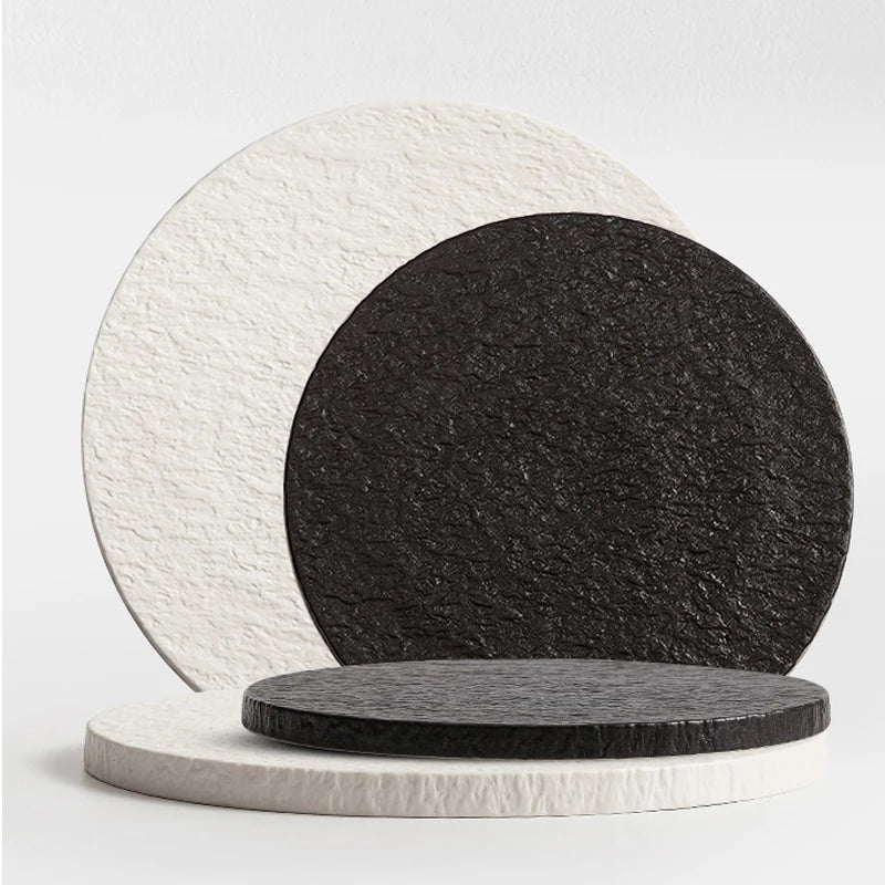 Luxury Japanese Style Round Polished Ceramic Flat Rock Textured Dinner Plate - Lovez Aqua© - 