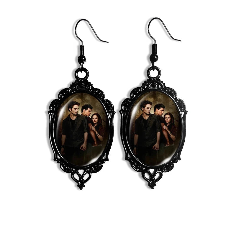 Twilight Movie Photo Oval Glass Cabochons Dangle Black Lace Earrings - Lovez Aqua© - bella swan, edward cullen, jacob black, robert pattinson