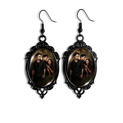 Twilight Movie Photo Oval Glass Cabochons Dangle Black Lace Earrings - Lovez Aqua© - bella swan, edward cullen, jacob black, robert pattinson