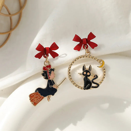 Kiki's Delivery Service & Jiji Cat Anime Bow & Pearl Enamel Women's Earrings