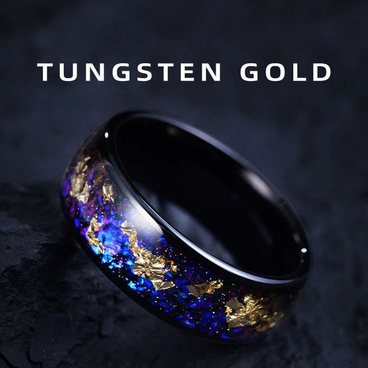 Luxurious Black, Dark Blue & Gold Leaf Midnight Sky Tungsten Ring