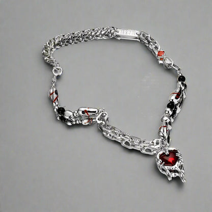 Women's Red Heart Dripping Gold Crystal Beaded Silver Chain Necklace - Lovez Aqua© - 