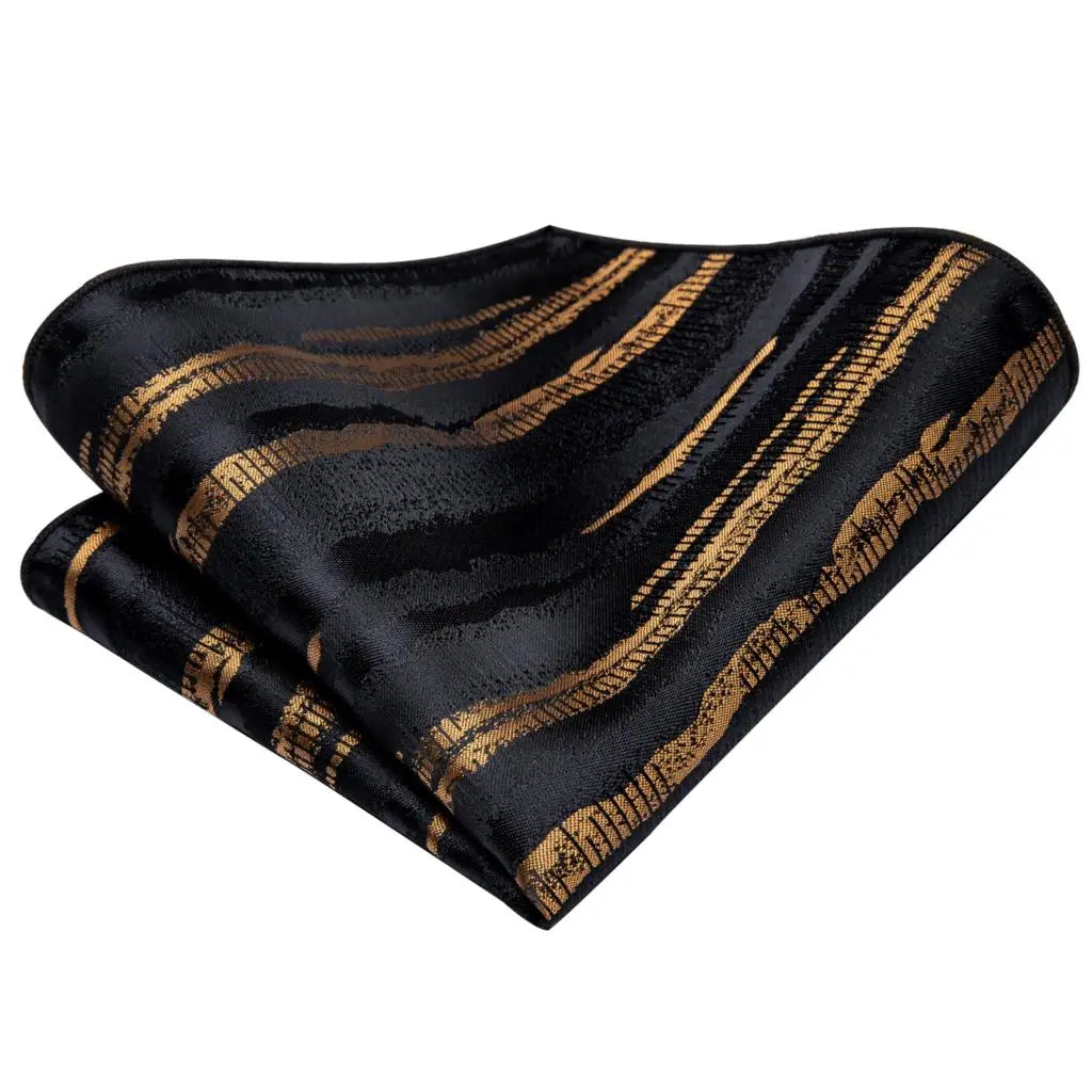 Marbled Ink Black & Gold Striped Silk Tie, Pocket Square & Cufflinks Set for Men - Lovez Aqua© - 