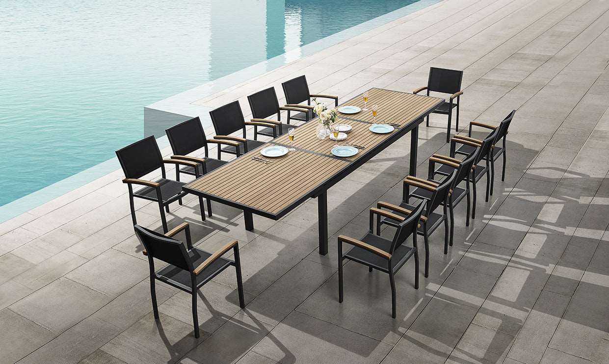 HIGOLD 12 Charcoal Black Chairs & Extendable Outdoor Wooden Dining Table Set