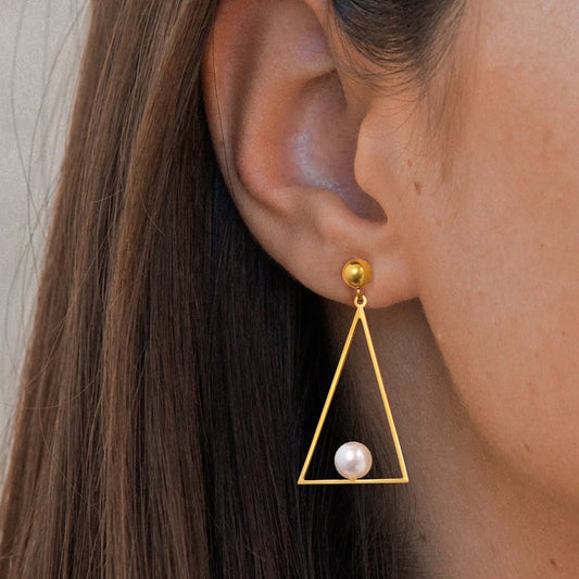 Women's Triangle Stainless Steel Dangle Earrings with White Imitation Pearl