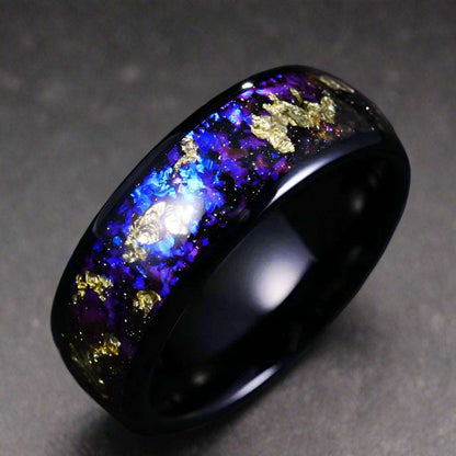 Luxurious Black, Dark Blue & Gold Leaf Midnight Sky Tungsten Ring