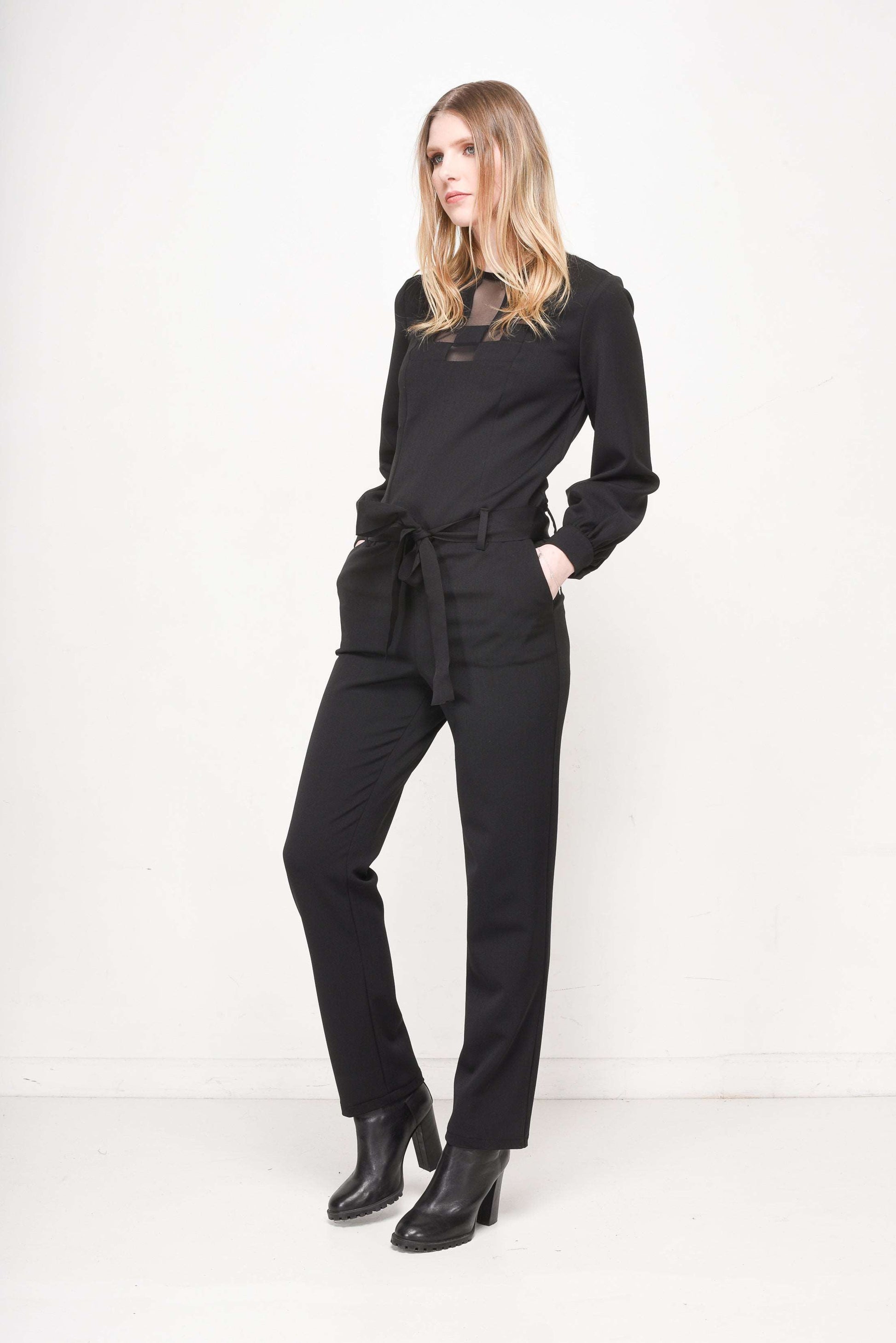 Women's Black Long-Sleeve Jumpsuit with Mesh Panels & Tie-Waist Detail