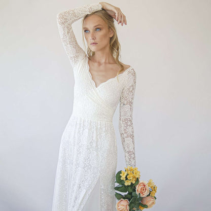 Ivory Off Shoulder Mermaid Lace Wrap Long Sleeves Wedding Dress