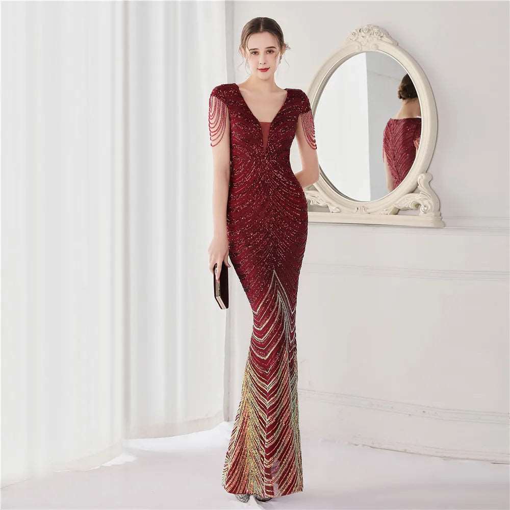 Women's Sequined Mermaid Evening Dress With Fringe Cap Sleeves - 80d3e6-0e.myshopify.com - -  