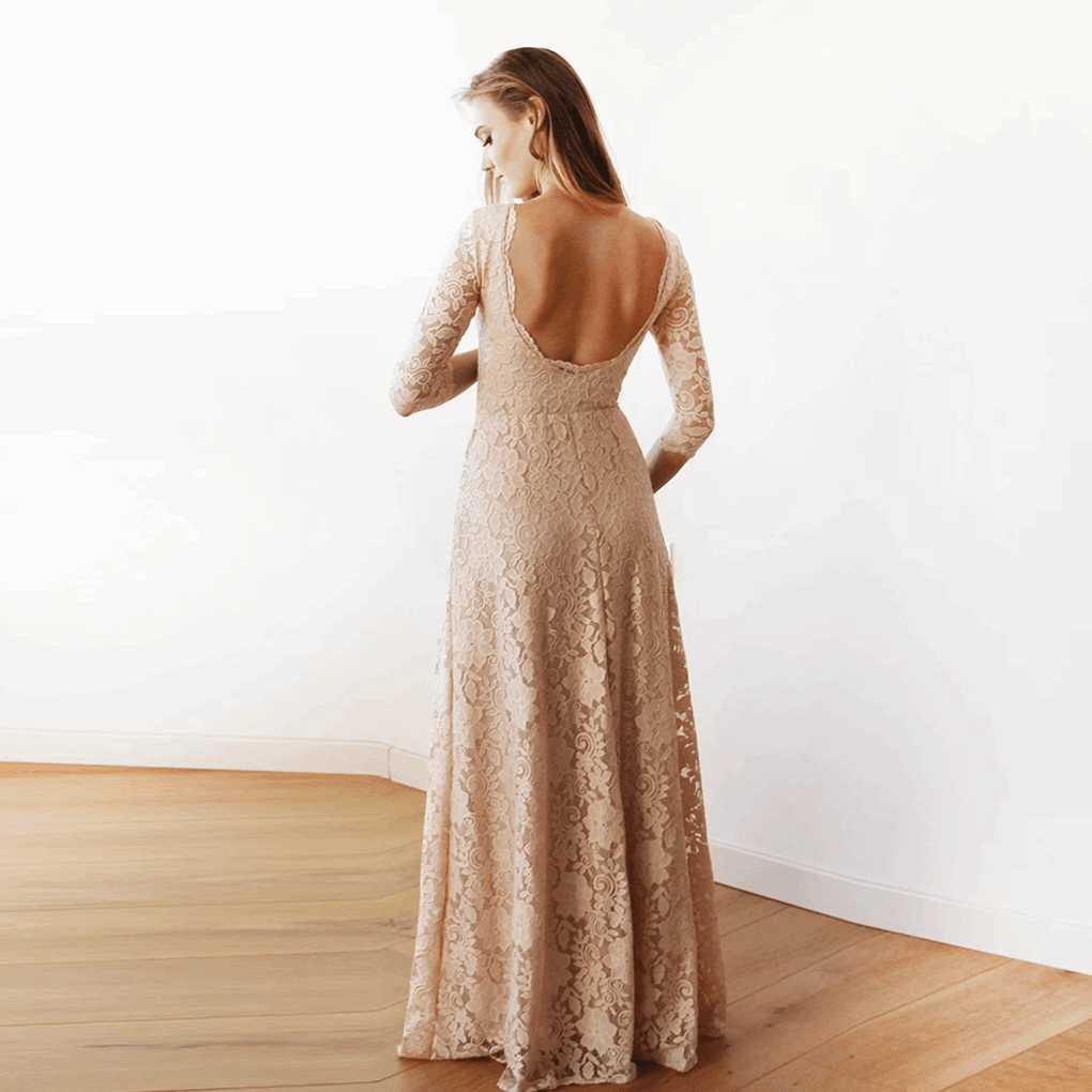 Blush Pink Lace Backless Maxi Wedding Gown with Boat Neckline & 3/4 Sleeves