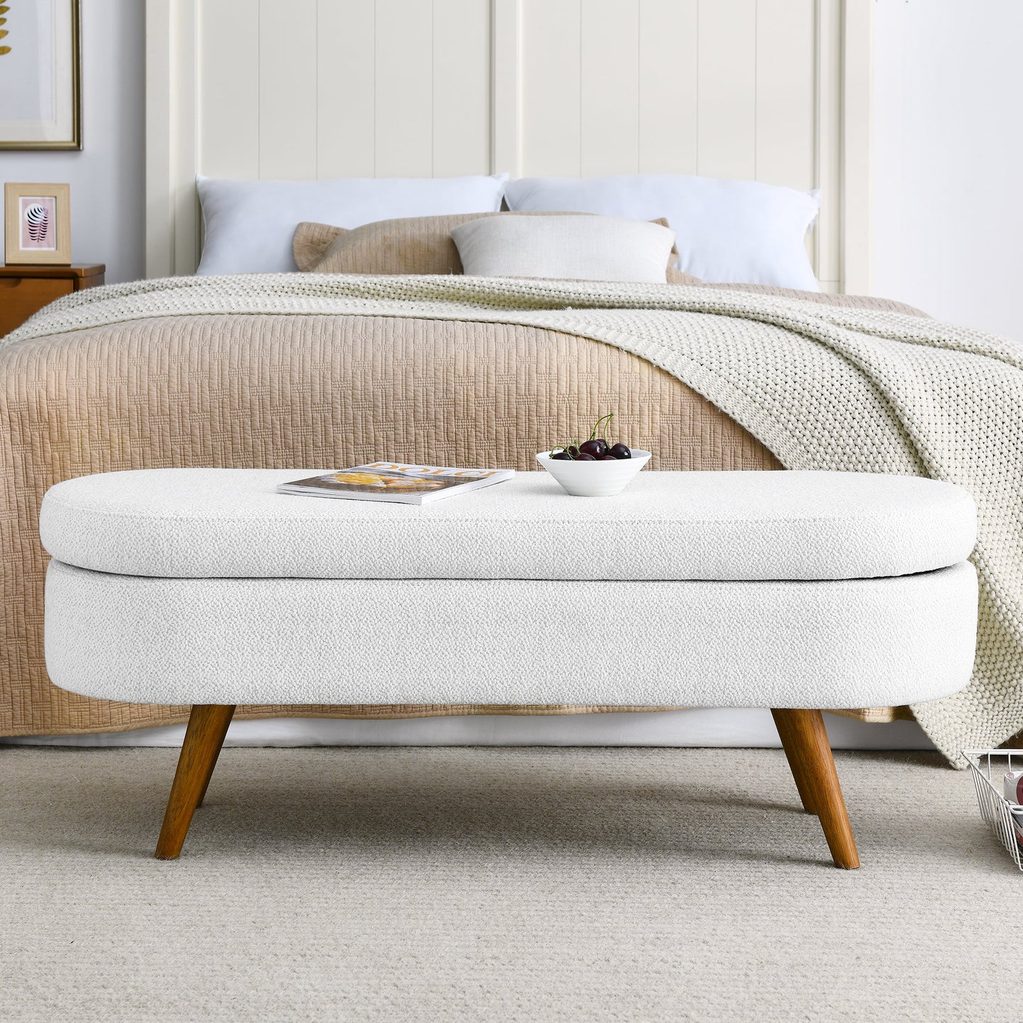 Ottoman White Linen Oval Storage Bench Seat with Wooden Legs - Lovez Aqua© - 