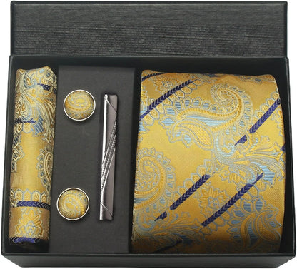 Men's Luxury Silk Paisley Floral Necktie, Pocket Square, Clip & Cufflinks Set - Lovez Aqua© - 