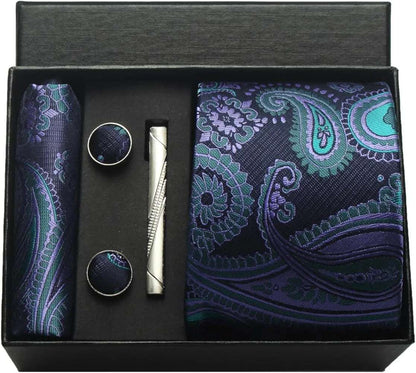 Men's Luxury Silk Paisley Floral Necktie, Pocket Square, Clip & Cufflinks Set - 80d3e6-0e.myshopify.com - BKA08 -  BKA08