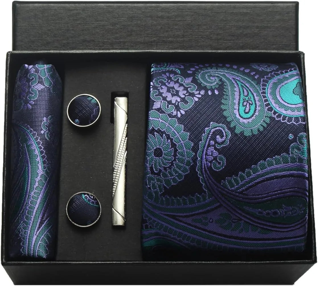 Men's Luxury Silk Paisley Floral Necktie, Pocket Square, Clip & Cufflinks Set - Lovez Aqua© - 