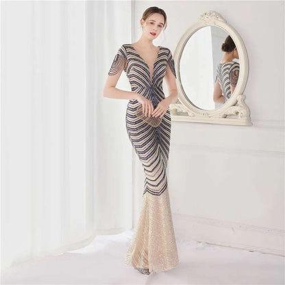 Women's Sequined Mermaid Evening Dress With Fringe Cap Sleeves - 80d3e6-0e.myshopify.com - Black & Gold / 2 -  Black & Gold