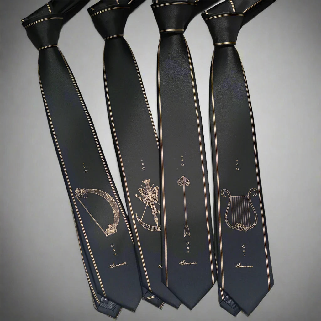 Black & Gold Classic Fantasy Bow, Arrow, Crossbow & Harp Patterned Men's Necktie - Lovez Aqua© - 