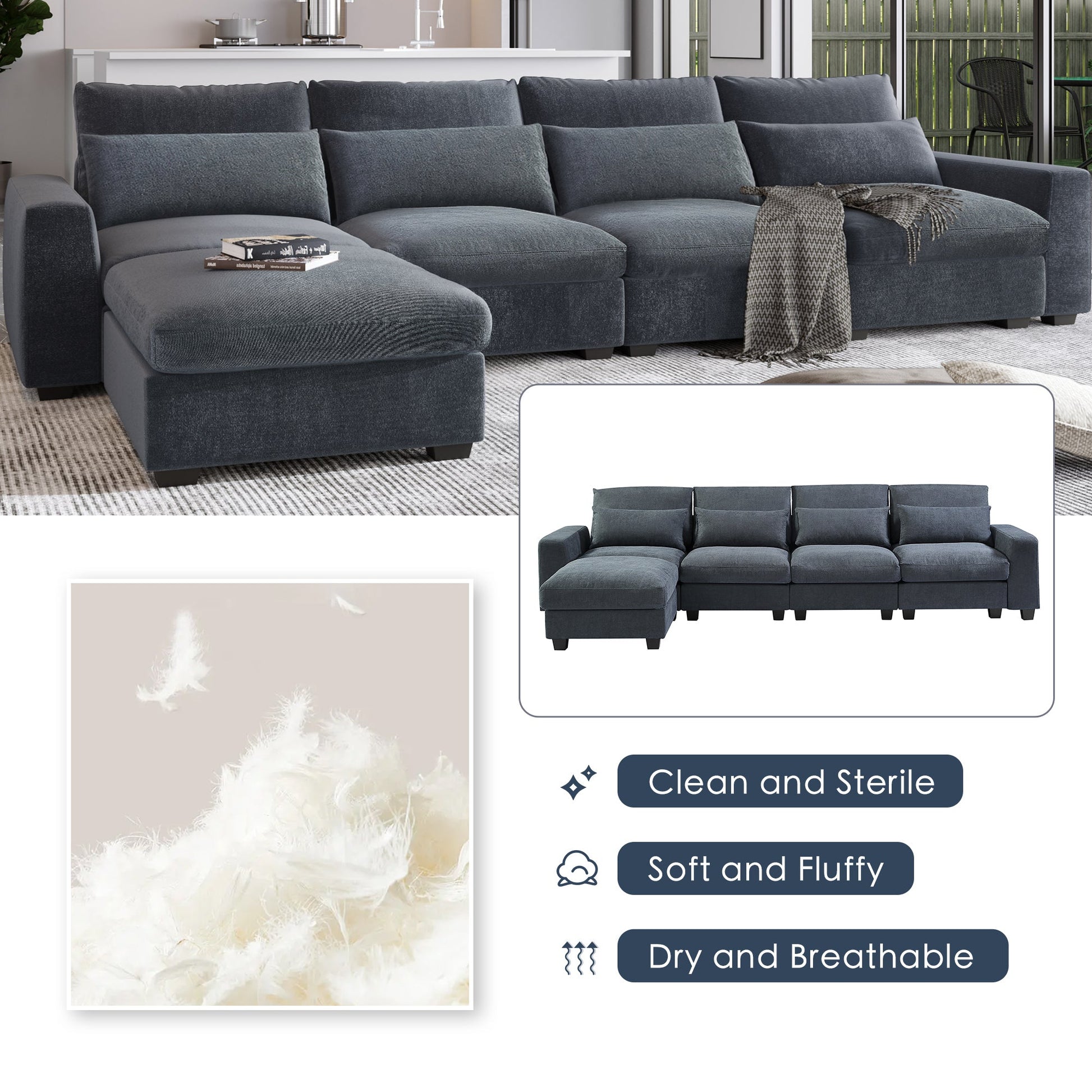 Modern Dark Gray Large L-Shape Feather Filled Sectional Convertible Sofa - Lovez Aqua© - 