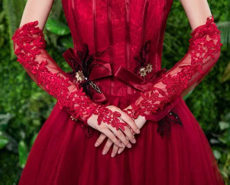 Women's Embroidered Lace & Sheer Appliqué Elbow Length Fingerless Gloves - 80d3e6-0e.myshopify.com - Wine Red -  Wine Red