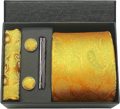 Men's Luxury Silk Paisley Floral Necktie, Pocket Square, Clip & Cufflinks Set - Lovez Aqua© - 