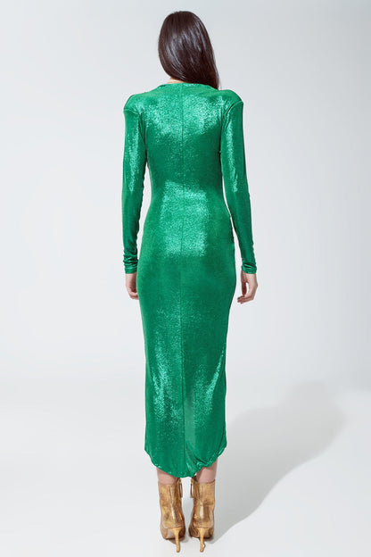 Women's Metallic Green Wrapped Party Dress with Plunge Neckline & Leg Slit