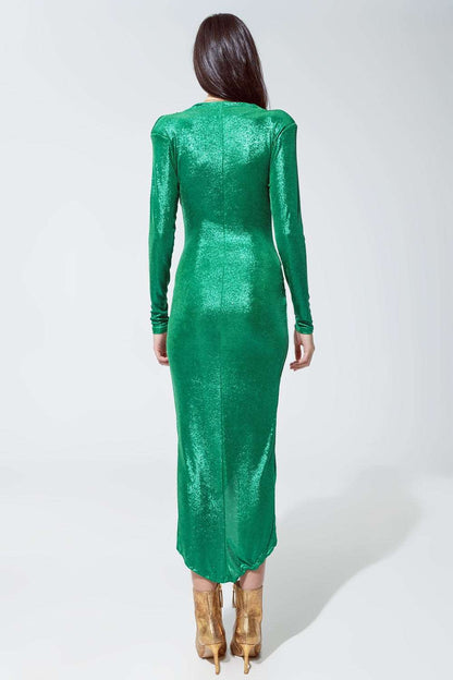 Women's Metallic Green Wrapped Party Dress with Plunge Neckline & Leg Slit - 80d3e6-0e.myshopify.com - -  