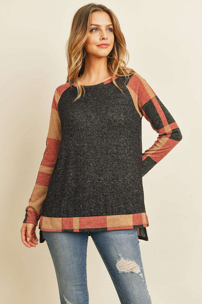 Women’s Winter Top with Hacci Plaid Pattern & Cozy Long Back Hem