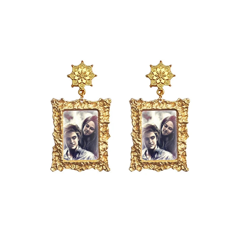 Twilight Movie Vintage Gold Framed Miniature Portrait Drop Earrings - Lovez Aqua© - bella swan, edward cullen, jacob black, robert pattinson