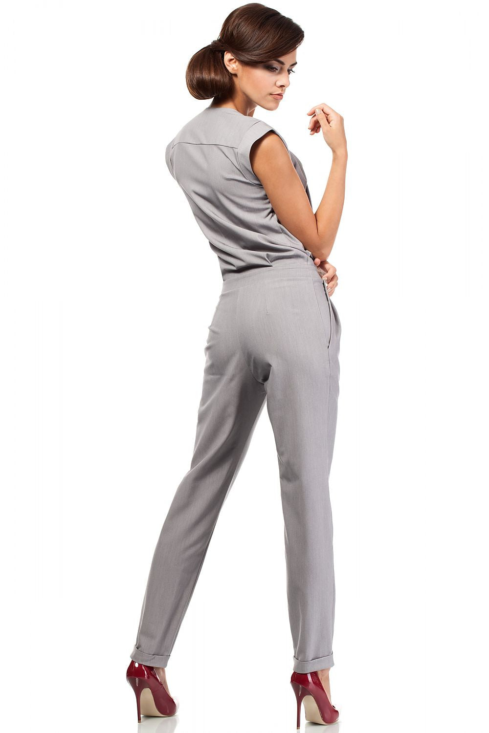 Women's Gray Sleeveless Jumpsuit with Ruffle Detail & Deep V-Neck