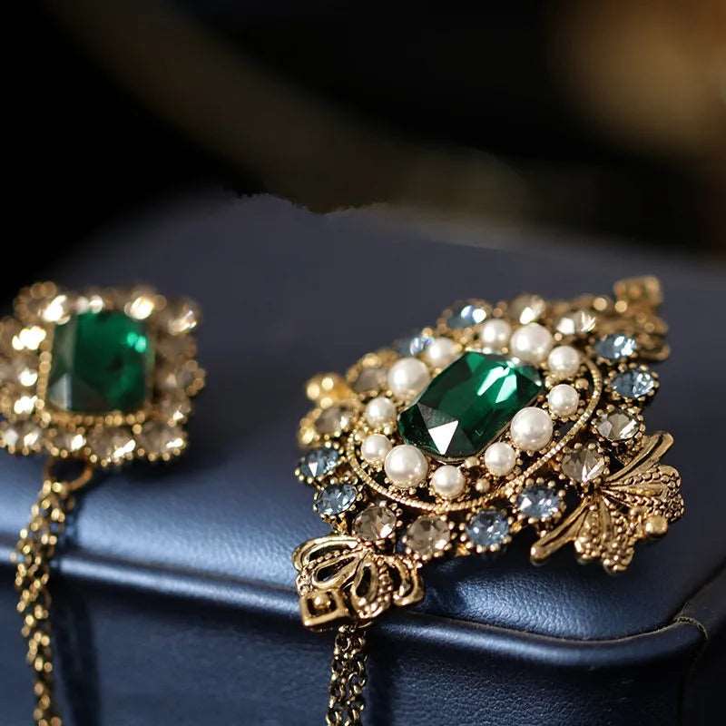 Men's Baroque Gold-Plated Tassel Chain Brooch with Emerald Green Gemstones - 80d3e6-0e.myshopify.com - -  